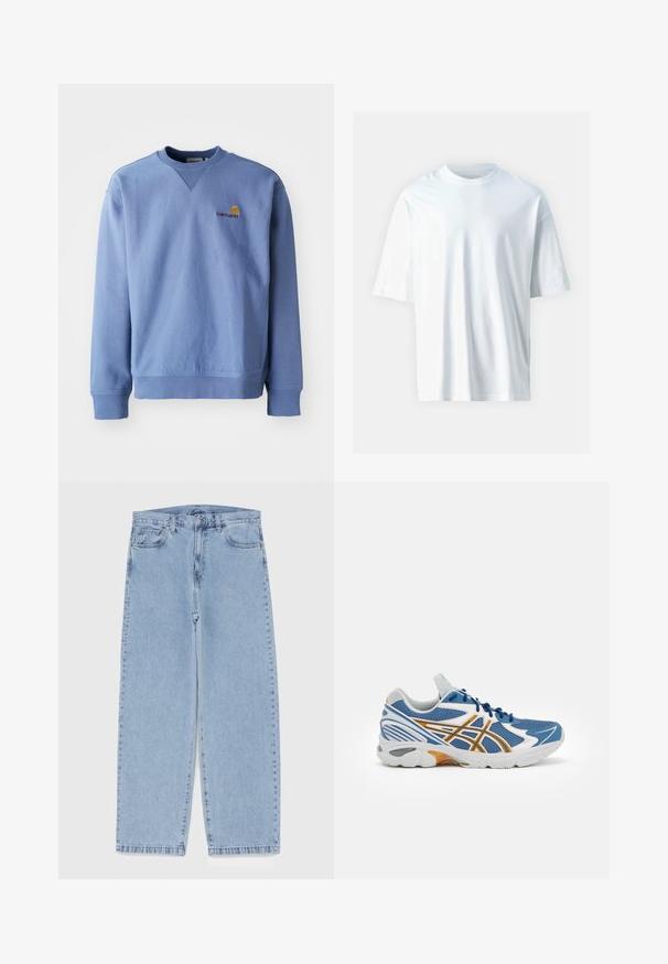 Sweat-shirt bleu avec un col rond, des poignets et un ourlet côtelés, et un petit logo brodé sur la poitrine. Fabriqué dans un tissu doux et texturé.; T-shirt blanc à manches courtes en coton doux. Il présente un col rond, une coupe décontractée et une texture lisse. Aucun motif ni accent visible.; Jean en denim bleu clair avec une coupe droite, présentant une taille mi-haute, cinq poches, et une fermeture à bouton et à fermeture éclair.; Chaussure de sport bleue avec tige en mesh, accents blancs et orange, semelle intermédiaire rembourrée et semelle extérieure en caoutchouc texturé. Dispose d'un design à lacets.