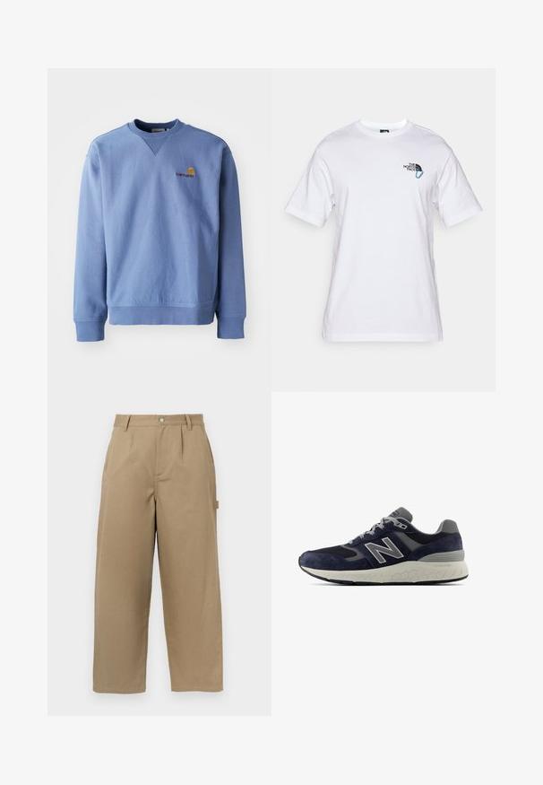 Felpa blu con scollatura rotonda, polsini e orlo a coste, e un piccolo logo ricamato sul petto. Realizzata in un tessuto morbido e testurizzato.; The North Face EXPLORE CARABINER RELAXED TEE UNISEX - T-shirt con stampa - white; Pantaloni larghi beige in misto cotone, con vita alta, pieghe frontali e due tasche laterali con chiusura a bottone.; Scarpe da corsa da uomo con tomaia in suede blu navy e dettagli grigi, inserti in mesh, suola color crema con texture esagonale e lacci.