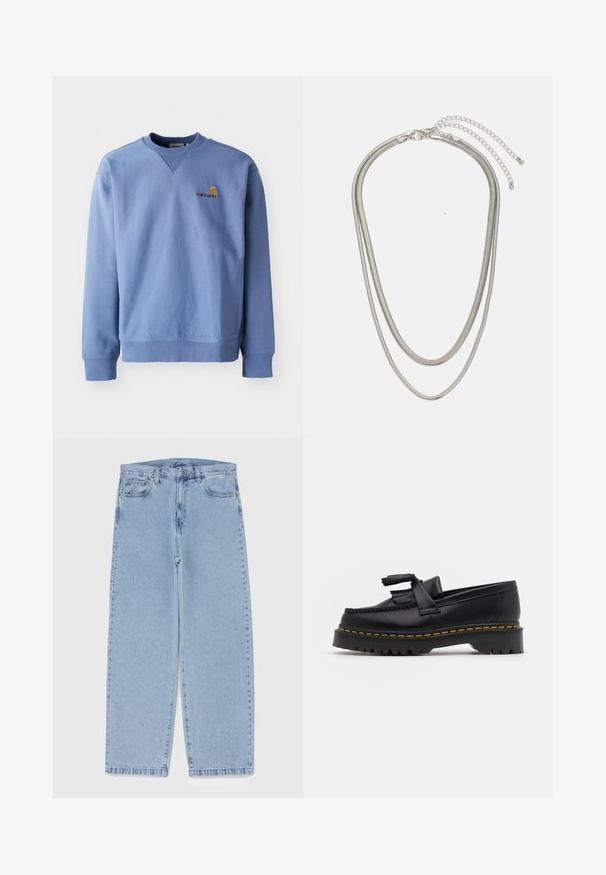 Sininen huppari, jossa on pyöreä pääntie, ribbaudet hihoissa ja helmassa sekä pieni brodeerattu logo rinnassa. Valmistettu pehmeästä, teksturoidusta kankaasta.; Vaaleansiniset farkut suoran lahkeen muotoilulla, joissa on puolivälin vyötärö, viisi taskua sekä nappi- ja vetoketjusuljenta.; Musta nahkakengät, joissa on tupsuakkentti, paksu musta pohja ja keltainen ommel reunassa. Rakeinen pinta.; Kolmikerroksinen hopeametallinen kaulakoru, jossa on tyylikkäitä, joustavia ketjuja, joissa on hieno kiilto. Kaulakoru on kiinnitetty hummerilukolla ja siinä on säädettävä ketju.