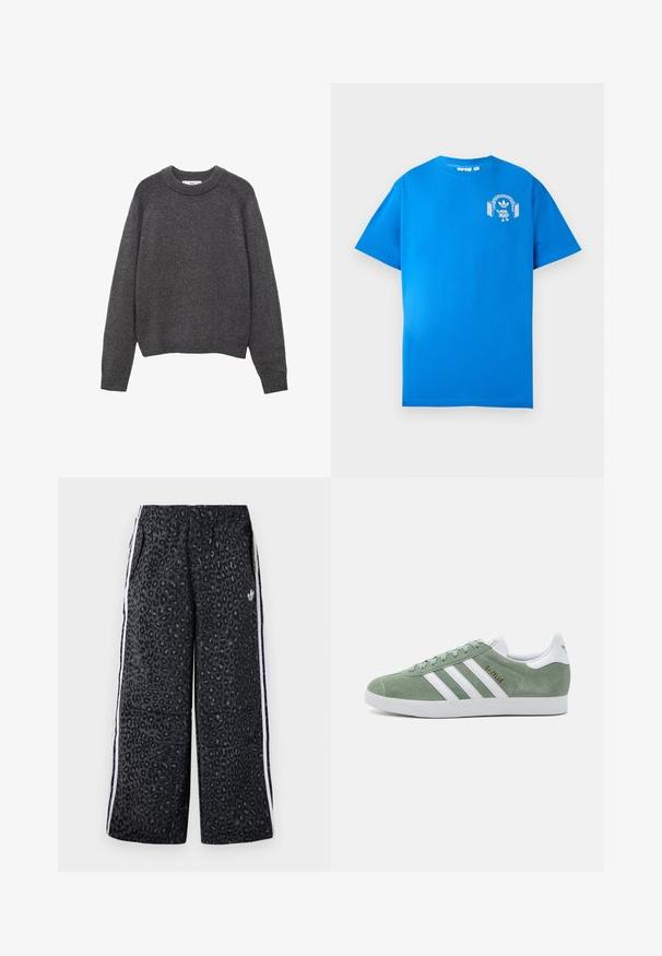 Tmavohnedý sveter s okrúhlym výstrihom, rebrovanými manžetami a lemom. Pletená textura s voľným strihom a dlhými rukávmi.; Modrá bavlnená tričko s krátkymi rukávmi. Obsahuje biely grafický dizajn na prednej strane, zobrazuje postavu s slúchadlami a oblúkom.; adidas Originals GRAPHIC UNISEX - Tepláky - black; Zelené semišové tenisky s bielymi koženými akcentmi, s tromi bielymi pruhmi, okrúhlou špičkou a textúrovanou gumovou podrážkou. Zlatý branding detail.