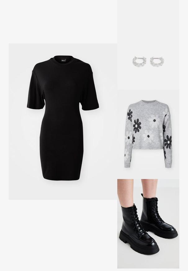Šviesiai pilkas trumpas megztinis su juodais ir baltais gėlių raštais, apvaliu iškirpimu ir gumburuotomis rankovėmis. Minkšta tekstūra, laisvalaikio dizainas.; Juoda, trumpomis rankovėmis suknelė, pagaminta iš minkštos medžiagos. Turi apvalią iškirptę ir prigludusį siluetą su kelių ilgio kraštu.; Juodi odiniai aulinukai iki kulkšnies su masyviu padu, šnuoruojamos priekyje ir su šoniniu užtrauktuku; pasižymi lygia apdaila ir pakelta kojų dalimi.; Sidabrinės auskarų kabliukų formos auskarai, papuošti aiškiais, stačiakampiais ir trikampiais kristalais, kurie išdėstyti raštuotu dizainu. Tvirtinimai, užtikrinantys saugų prilaikymą.