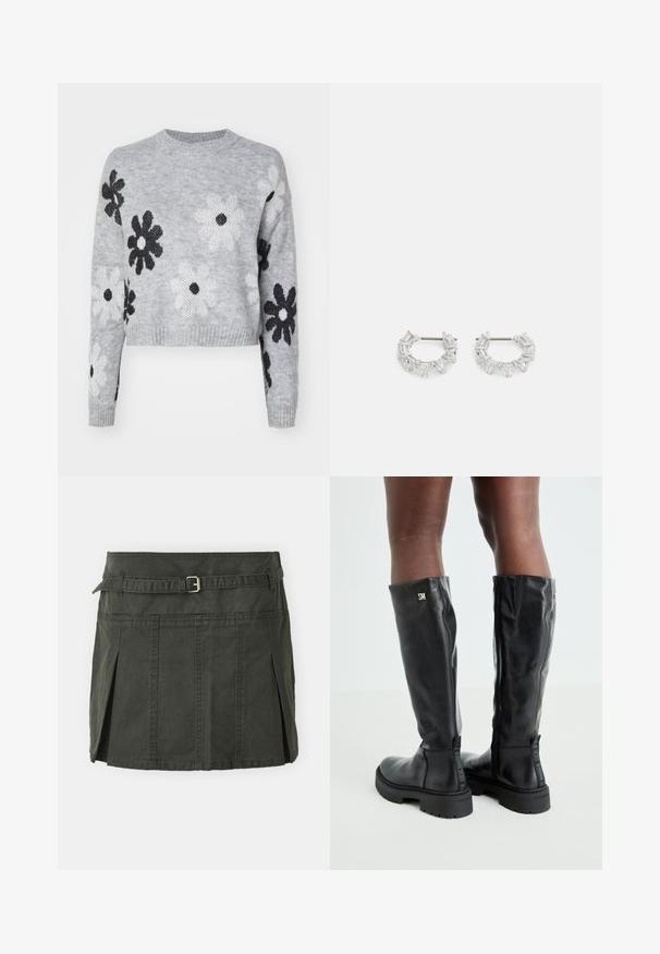 Jasnoszary krótki sweter dziewiarski z czarno-białymi wzorami kwiatowymi, okrągłym dekoltem i ściągaczami. Miękka tekstura, casualowy fason.; Ciemnozielona, bawełniana mini spódniczka z dopasowanym stanem, paskiem i plisami z przodu. Oferuje detale w szyciu i klasyczny krój.; Czarne skórzane kozaki do kolan o gładkiej fakturze, okrągłym nosku, grubej podeszwie i zamek błyskawiczny. Na boku znajduje się srebrne logo.; Srebrne kolczyki w kształcie kół z przezroczystymi, prostokątnymi i trójkątnymi kryształami ułożonymi w wzorzysty design. Zapięcia dla zapewnienia bezpieczeństwa.