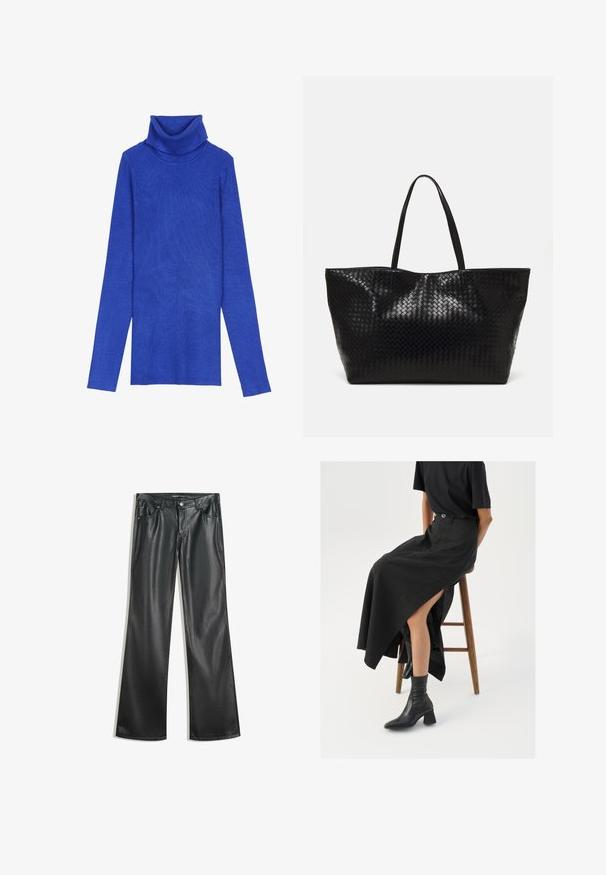 Królewsko-niebieski sweter z golfem, dostępny w prążkowanej strukturze, wykonany z teksturowanej tkaniny, z długimi rękawami oraz zamykanym kołnierzem. Charakteryzuje się dopasowanym krojem.; Czarne sztuczne skórzane spodnie w stylu dzwonów o gładkiej fakturze, pięcioma kieszeniami, zamkiem z przodu i kontrastowymi szwami.; Czarna lniana spódnica maxi z wysokim rozcięciem, noszona z czarnym t-shirtem i czarnymi botkami sięgającymi kostek. Minimalistyczny design z luźnym krojem.; Czarna pleciona torba na ramię z dwoma mocnymi uchwytami, charakteryzująca się błyszczącą powierzchnią i przestronnym otwartym topem.