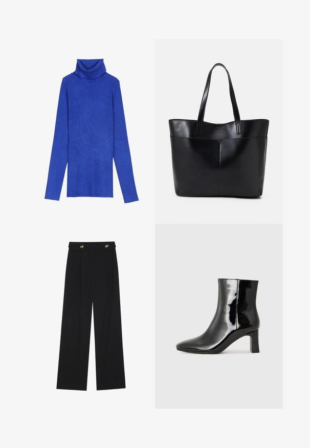 Βασιλικό μπλε ριγωτό ζιβάγκο φούτερ φτιαγμένο από υφασμάτινη υφή, με μακριά μανίκια και αναδιπλούμενο γιακά, με σχέδιο εφαρμοστού τύπου.; Μαύρο παντελόνι φόρμας σε φαρδιά γραμμή με ψηλή μέση, κουμπιά στη μέση και πλαϊνές τσέπες.; Μαύρη πατενταρισμένη δερμάτινη μπότες αστραγάλου με μυτερή μύτη και μεσαίο τετράγωνο τακούνι. Λείος υφή και μινιμαλιστικός σχεδιασμός.; Μαύρη δερμάτινη τσάντα tote με δύο μακριούς ιμάντες, λεία υφή και δομημένο σχήμα. Διαθέτει μπροστινή τσέπη για επιπλέον αποθήκευση.