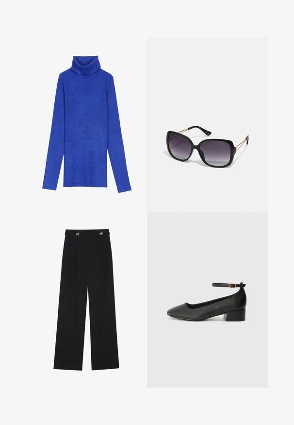 Royal modra rebrasta pulover s turtleneck iz teksturiranega blaga z dolgimi rokavi in zloženim ovratnikom, ki se ponaša s pridihom vitkega kroja.; Črne široke hlače s visokim pasom, gumbnimi detajli na pasu in sprednjimi gubami.; Črne usnjene pumpice z nazobčanimi prsti in nizko blokasto peto. Imajo trak okoli gležnja z zaponko v zlatem tonu. Gladka tekstura.; Črne prevelike sončne očala z degradacijskimi lečami, debelimi okvirji in zlatimi verižicami na ročajih.; Bela strukturirana torba z kratkimi ročaji in naramnim trakom, z zlatimi okrasnimi elementi in teksturiranim materialom, prikazana na sivi podlagi.