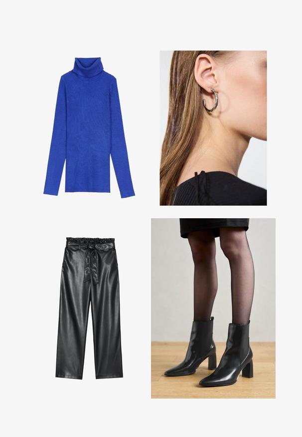 Royal modrý rebrovaný rolák vyrobený z textúrovaného materiálu, s dlhými rukávmi a prekladaným golierom, s priliehavým strihom.; Čierne nohavice z faux kože s širokými nohavicami, elastickým, riaseným pásom a odnímateľným opaskom. Hladká textura a minimálny lesk.; Čierne kožené členkové topánky s špicatou špičkou, robustný štvorcový opätok a elegantný dizajn. Obsahujú elastické bočné panely pre jednoduché obúvanie.; Strieborná kruhová náušnica s lesklým povrchom, obsahujúca malé zlaté akcenty a okrúhly tvar, nosená na lalôčiku ucha.