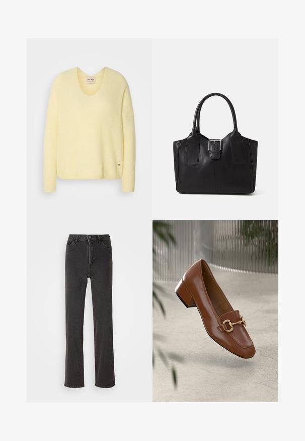 Svetlo rumena pletena jopica z V-izrezom, dolgimi rokavi in sproščenim krojem. Ima subtilno teksturo in majhen kovinski logotip na strani.; Črne denim hlače z ravnim krojem, visokim pasom, petimi žepi in gumbom za zapiranje. Material ima rahlo teksturo, brez vidnih vzorcev.; Rjavi lakirani loafer z kvadratnim nosom, kovinsko verigo kot okrasom in nizko blok podplatom; gladka tekstura, minimalističen dizajn.; Črna usnjena torba s gladko teksturo, strukturirano obliko, dvema ročkama in izrazitim srebrnim sponko na sprednji strani.
