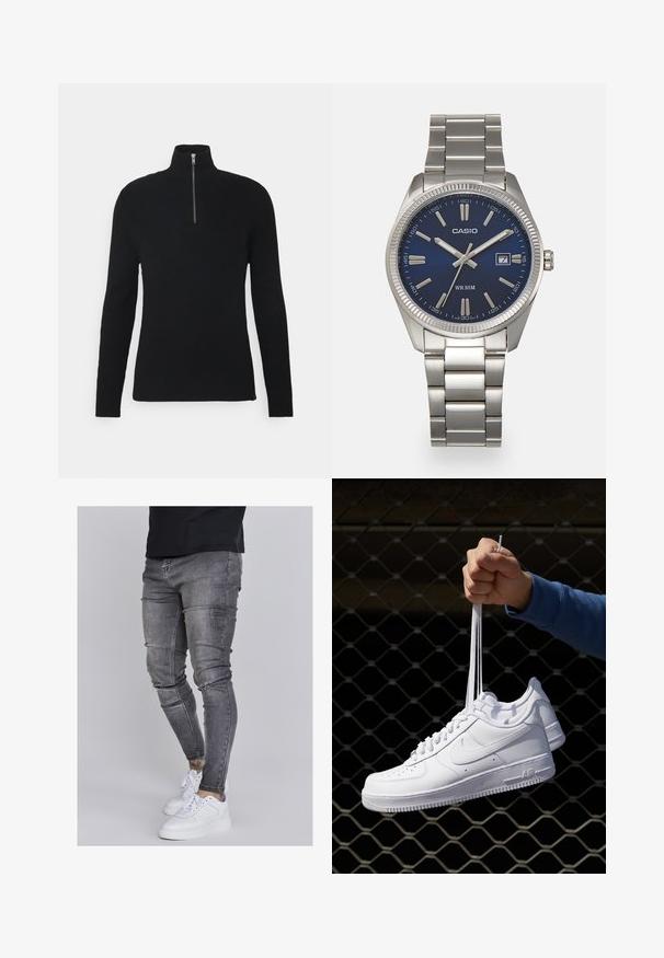 Maglione nero a collo alto con coste, dotato di chiusura a zip a quarto, maniche lunghe e un tessuto testurizzato per una maggiore dimensione.; Jeans skinny in denim grigio sbiadito, con dettagli strappati sulle ginocchia, abbinati a sneakers bianche. Texture liscia, design slim fit.; Sneakers in pelle bianca con perforazioni, punta rotonda, suola piatta e lacci spessi, con logo swoosh visibile e "AIR" sul tallone.; Orologio da polso in acciaio inossidabile argento con quadrante blu navy, indici metallici e finestra della data alle 3. Resistente all'acqua fino a 50 metri.
