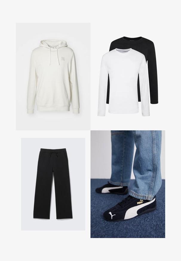 Helle beige Kapuzenjacke aus einem Baumwollmischgewebe. Verfügt über eine Kängurutasche, eine Kordelzugkapuze und ein kleines Logo-Patch auf der Brust.; Zwei Langarmshirts, eines schwarz und eines weiß, aus Baumwolle mit Rundhalsausschnitten und glatter Textur, in einer gestapelten Anordnung präsentiert.; Schwarze weit geschnittene Sweatpants aus einem weichen Material. Mit einem elastischen Bund und einer Kordel sowie Seitentaschen. Glatte Textur.; Schwarze Wildledersneaker mit weißen Akzenten und einem goldenen Logo. Getragen mit hellblauen Jeans und auf einer strukturierten blauen Oberfläche platziert.