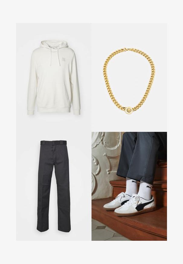 Sudadera de color beige claro hecha de una mezcla de algodón. Cuenta con un bolsillo tipo canguro, capucha con cordones y un pequeño parche con el logo en el pecho.; Pantalones negros de tela duradera, con un diseño de pierna recta, una cinturilla con trabillas para cinturón y costuras para mayor textura.; Zapatillas Puma en gamuza blanca y negra, con una suela de goma marrón. Combinadas con calcetines blancos que muestran un logo negro, llevados con pantalones oscuros.; Collar de cadena de oro con grandes eslabones entrelazados, que presenta un detalle de medallón circular en el centro con un emblema en relieve.