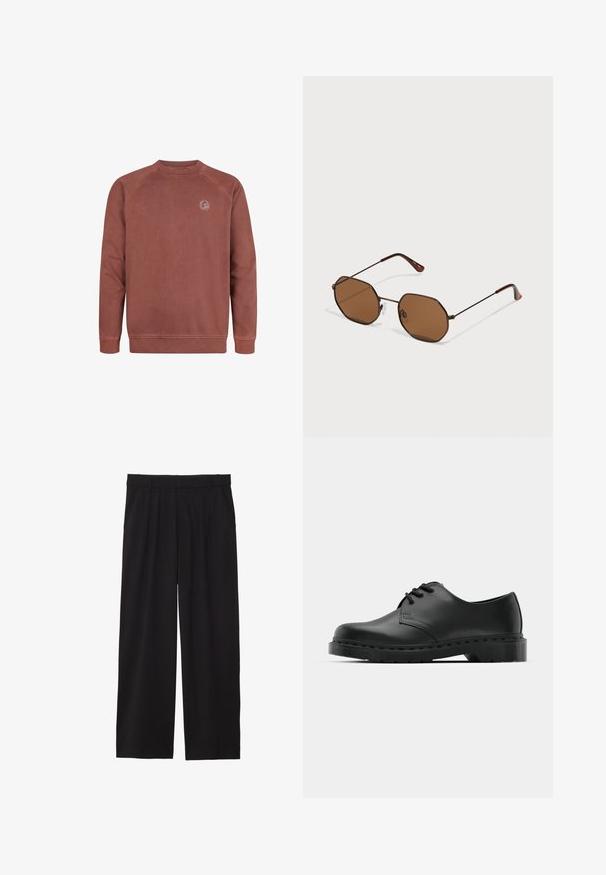 Bordeaux crewneck sweatshirt van een zachte katoenmix. Voorzien van raglanmouwen en een klein logo-opdracht op de borst. Gladde textuur, geribde manchetten.; Zwarte wijde broek met geplooide voorkant, zijzakken en een gladde stoftextuur. Ontworpen voor een ontspannen pasvorm.; Zwarte leren oxford schoenen met vetersluiting, ronde neus, platte rubberen zool en subtiele stiksel details langs het bovenwerk.; Bruine octagonale zonnebril met dunne donkere metalen monturen, verstelbare neuspads en bruin getinte lenzen; de pootjes hebben een oranje accent.
