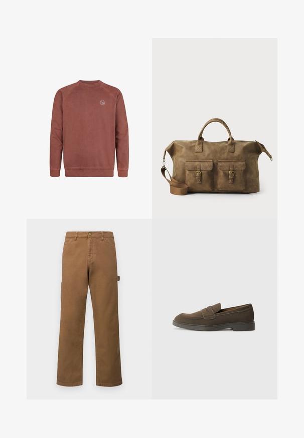 Bordeaux crewneck sweatshirt i blød bomuldsblanding. Har raglanærmer og et lille logo-patch på brystet. Glat tekstur, ribbede håndled.; Brune bomulds cargo bukser med lige ben, der har sidelommer og en metal lukning i taljen. Glat tekstur og afslappet design.; Brune ruskinds loafers med en rund tå, en rem over forfoden og en flad gummisål. Enkel design med rene linjer og minimal dekoration.; Brun læder duffel taske med to forlommer, justerbar skulderrem, guldfarvet hardware og robuste top håndtag. Glat tekstur.