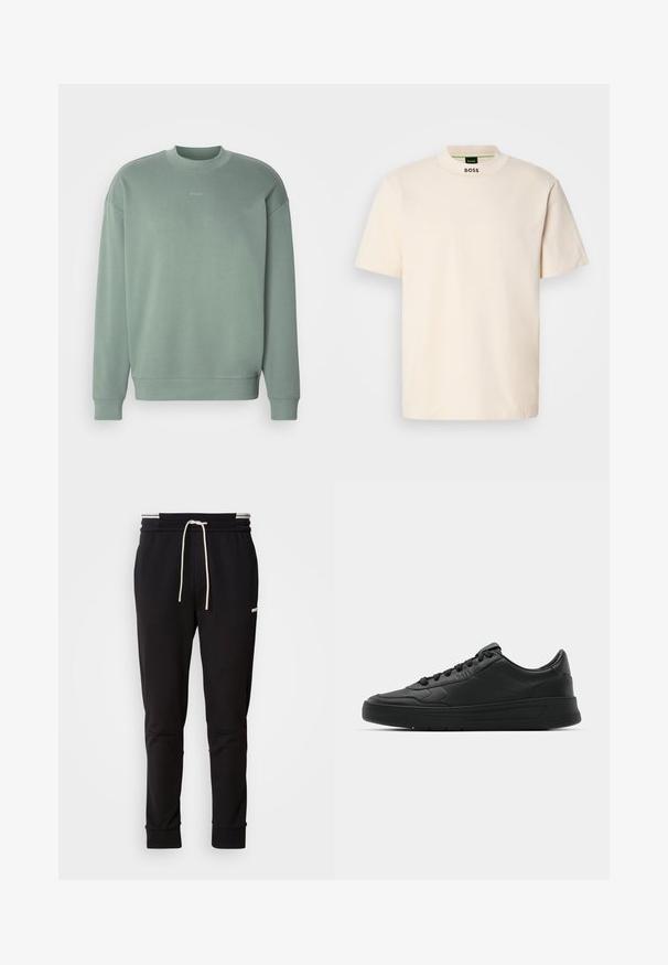Mäta zelená mikina so širokým výstrihom, spustenými ramenami, ribbed manžetami a decentným logom "HUGO" umiestneným na hrudi. Mäkká textúra.; Krémové tričko s krátkym rukávom a vysokým golierom, s nápisom "BOSS" potlačeným čiernou farbou na prednom krku a vo vnútornom štítku.; Čierne slim-fit teplákové nohavice s bielou šnúrkou na stiahnutie, rebrovanými manžetami a nenápadným logom na hornej strane stehna na jednofarebnom pozadí.; Čierne tenisky s hladkým koženým zvrškom, okrúlym špičkou, plochými šnúrkami, polstrovaným golierom a minimalistickým dizajnom. Gumená podrážka s jemným vzorom behúňa.