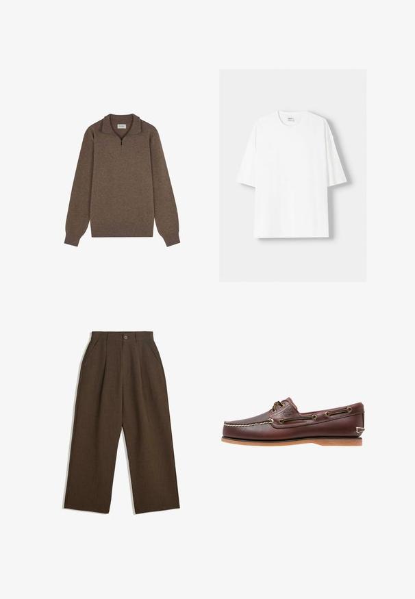 Hnědý pulovr se čtvrtinovým zipem, dlouhými rukávy, žebrovanými manžetami a lemem, vyrobený z měkké, texturované tkaniny.; Bílá krátkosrstá tričko s krátkým rukávem vyrobené z bavlny, se zaobleným výstřihem a volným střihem. Hladká textura, bez viditelných vzorů nebo akcentů.; Hnědé skládací kalhoty s širokým střihem, vybavené zapínáním na knoflík a bočními kapsami, vyrobené z texturované tkaniny vhodné pro volnočasové nošení.; Hnědé kožené lodní boty s bílým prošíváním, hnědými tkaničkami a béžovou gumovou podrážkou. Obsahují logo na boku a kovové očka na tkaničky.