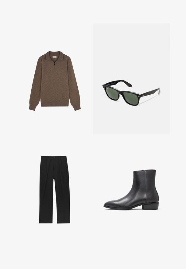 Brązowy sweter z wysokim kołnierzem zapinanym na ćwierć, długimi rękawami, ściągaczami przy rękawach i u dołu, wykonany z miękkiego, teksturowanego materiału.; Czarne spodnie o prostym kroju, wykonane z gładkiego materiału. Posiadają zakładki z przodu i pojedyncze zapięcie na guziki w pasie.; ALDO AMUR czarny; Czarne plastikowe okulary przeciwsłoneczne z zielonymi szkłami, kwadratowe oprawki, srebrny akcent na brwi oraz fakturowane ramiona temple. Nazwa marki podana na wewnętrznej stronie ramion.