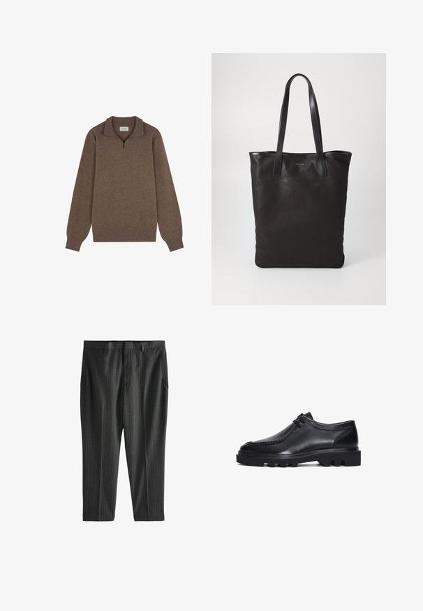 Brown pullover sweater featuring a quarter zip collar, long sleeves, ribbed cuffs and hem, made from soft, textured fabric.; Next STRIPE-REGULAR FIT - Chinos - charcoal grey; Black leather shoes with a rounded toe, stitched detailing, and a thick, rugged sole featuring distinctive grooves. Plain lace-up design.; Black canvas tote bag with black leather handles. Simple design, spacious body, and a smooth texture. No visible logos or patterns.