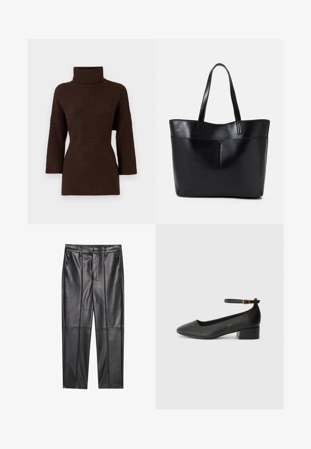 ONLY ONLMARLI LIFE LONG - Πουλόβερ - chocolate torte; Μαύρο δερμάτινο παντελόνι με λεία υφή, διαθέτει ίσια γραμμή, δύο μπροστινές τσέπες και εμφανείς λεπτομέρειες ραφής.; Μαύρο δερμάτινο τακούνι με μυτερή μύτη και χαμηλό τετράγωνο τακούνι. Διαθέτει λουράκι στον αστράγαλο με χρυσό τόνο πόρπη. Λείο υφή.; Μαύρη δερμάτινη τσάντα tote με δύο μακριούς ιμάντες, λεία υφή και δομημένο σχήμα. Διαθέτει μπροστινή τσέπη για επιπλέον αποθήκευση.