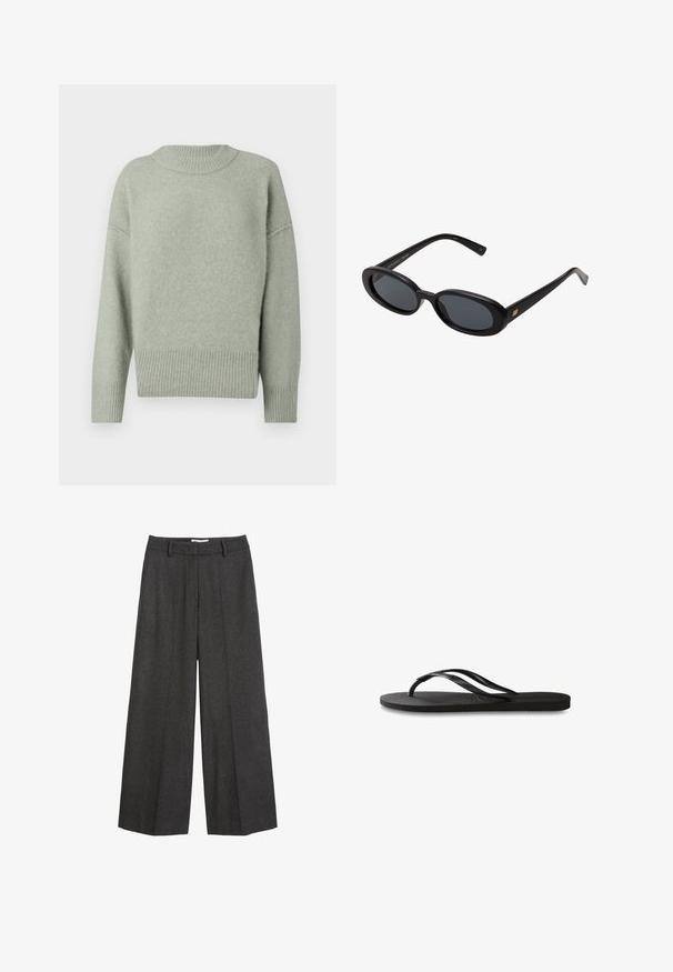 Light green knitted sweater with a ribbed round neck and hem. Features dropped shoulders and long sleeves. Soft texture with subtle sheen.; White long-sleeve cropped top with a round neckline, made from a smooth, stretchy fabric, featuring a fitted design and no visible fastenings.; Wide-leg trousers in dark gray fabric. Features a tailored waistband with belt loops, smooth texture, and minimal stitching accents.; Black flip-flop featuring a textured rubber sole, two slender straps, and a subtle, embossed logo detail on the strap.; Black oversized sunglasses with oval lenses, smooth plastic frame, and gold accents on temple. Dark lenses provide sun protection.; Tote bag in a tiger stripe pattern, featuring a beige base with black stripes, smooth texture, and black accents. Adjustable strap included.