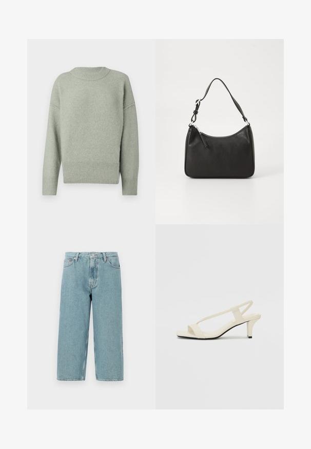 Suéter de punto verde claro con cuello redondo y dobladillo acanalado. Presenta hombros caídos y mangas largas. Textura suave con un brillo sutil.; Pantalones cortos de mezclilla azul claro con cintura alta, corte recto y dobladillo sin acabar. Cuenta con un cierre clásico de botón y cremallera, y cuatro bolsillos.; Sandalias de tacón cuadrado en color beige con tiras delgadas y punta cuadrada. Material suave con un diseño minimalista, diseñado para facilitar su uso.; Bolso de mano de cuero negro con forma curvada, una sola correa, cierre de cremallera y marcas sutiles en la parte frontal. Textura suave, diseño minimalista.