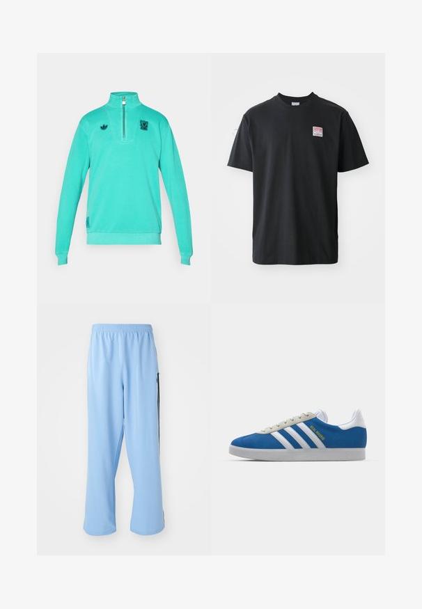 adidas Originals LIVERPOOL FC ICON HALF ZIP TOP - Roupa de discoteca - sea green; T-shirt de algodão preto com decote redondo, mangas curtas e uma pequena etiqueta colorida no lado esquerdo do peito com a palavra "SUPERIOR."; Calças de desporto azul claro feitas de um tecido suave, com um cós elástico e riscas laterais contrastantes em preto.; adidas Originals ADIDAS GAZELLE SHOES - Botas de futebol de salão - real madrid/bluebird/footwear white/crew yellow