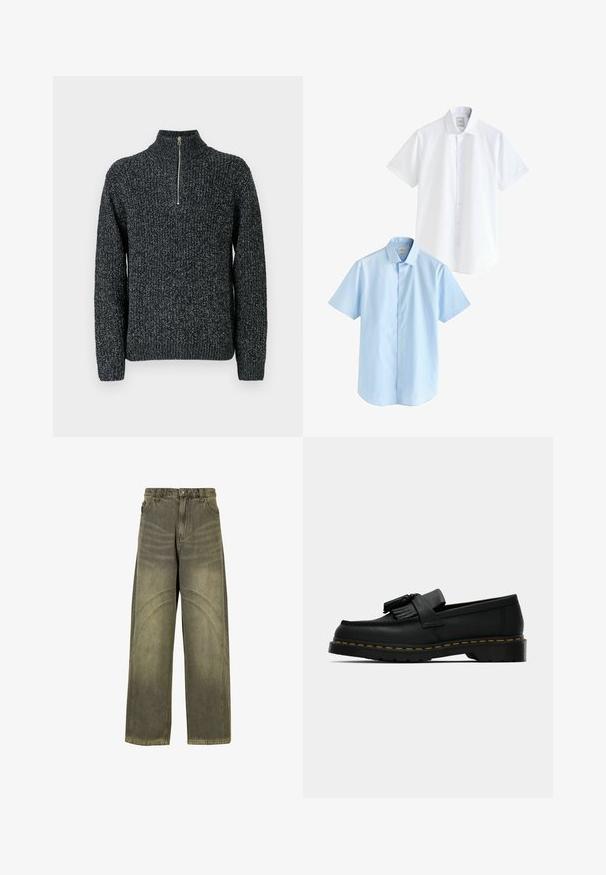 Maglione lavorato a maglia in grigio scuro con colletto alto e zip a un quarto. Presenta un filato testurizzato con un aspetto leggermente melange.; Due camicie a manica corta: una bianca e una azzurro chiaro. Entrambe presentano un'apertura con bottoni, colletto, tessuto di cotone liscio e vestibilità standard.; Jeans a gamba larga in denim verde oliva, con dettagli di cuciture curve, chiusura con bottone classico e finitura scolorita.; Mocassino in pelle nera con nappine, cuciture gialle lungo la suola e una suola in gomma spessa e rigata.