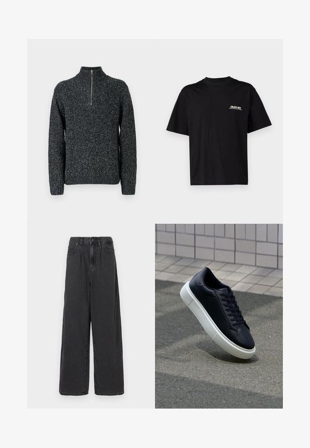 Maglione lavorato a maglia in grigio scuro con colletto alto e zip a un quarto. Presenta un filato testurizzato con un aspetto leggermente melange.; T-shirt in cotone nero con maniche corte, scollatura rotonda e stampa in bianco e oro sulla parte sinistra del petto, caratterizzata da una vestibilità rilassata.; Pantaloni in denim neri a gamba larga e vita alta con chiusura frontale a bottoni e zip, dotati di tasche laterali e una texture liscia.; Sneaker in pelle nera con punta arrotondata e suola in gomma bianca. Presenta lacci piatti e cuciture minime sulla parte superiore. Suola testurizzata per una migliore aderenza.