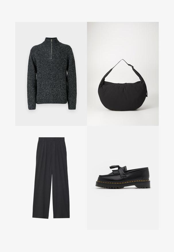 Knit sweater in dark gray with a high collar and a quarter zip. Features textured yarn with a slightly heathered appearance.; Wide-leg trousers made of dark gray fabric. Features pleats at the waist, a tailored design, and a straight silhouette.; Black leather loafer with a tasseled accent, featuring a chunky black sole and yellow stitching along the edge. Textured finish.; Black fabric shoulder bag with a curved shape, featuring a single strap and a zippered closure. Soft texture, minimalist design.