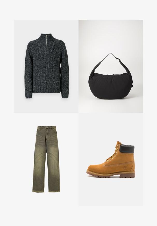 Sweter dzianinowy w ciemnym szarym kolorze z wysokim kołnierzem i zamkiem błyskawicznym do 1/4. Wyróżnia się teksturowaną włóczką o lekko melanżowym wyglądzie.; Spodnie z szerokimi nogawkami w oliwkowym denimu, z wygiętymi przeszyciami, klasycznym zapięciem na guzik i wyblakłym wykończeniem.; Beżowe zamszowe botki sięgające kostki z czarną wyściełaną krawędzią, złotymi oczkami, białymi detalami szycia oraz wytrzymałą gumową podeszwą z wyraźnym bieżnikiem.; Czarna torebka na ramię o zaokrąglonym kształcie, z pojedynczym paskiem i zamknięciem na zamek. Miękka faktura, minimalistyczny design.