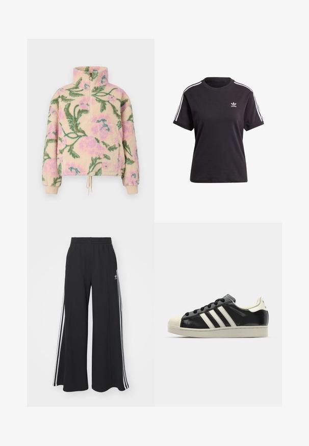 Billabong TIME OFF - Fleece jumper - multi coloured; Black cotton short-sleeve t-shirt with round neck, featuring white stripes on shoulders and a small white Adidas logo on the chest.; Black wide-leg sweatpants with an elastic waistband, featuring white side stripes and an embroidered logo on the left thigh.; Black leather sneaker with white stripes, rubber toe cap, black laces, and a cream-colored outsole. Smooth texture with shiny finish.