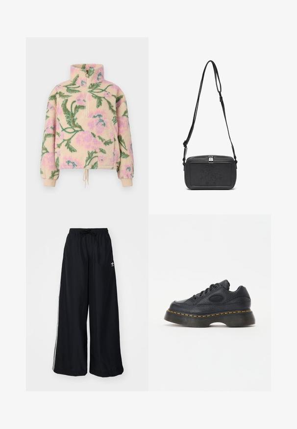 Billabong TIME OFF - Fleece jumper - multi coloured; Black wide-leg pants made from lightweight fabric. Features an elastic waistband with drawstring and white side stripes. Brand logo on hip.; Black leather sneaker with textured finish, round toe, and thick platform sole. Features yellow accent stitching and branded side logo.; Black leather crossbody bag with a zip closure, embossed logo on the front, and adjustable strap. Smooth texture with a rectangular shape.