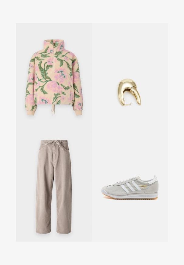 Billabong TIME OFF - Sweat polaire - multi coloured; Pantalons en velours côtelé beige à coupe ample, dotés d'une taille à cordon, de deux poches avant et d'une texture côtelée verticale.; Basket en cuir suédé et mesh gris clair, avec trois bandes blanches, bout rond et semelle en caoutchouc naturel. Accent logo doré près des lacets.; Boucle d'oreille en métal doré avec un design élégant et courbé. Présente une forme conique distinctive, une surface polie et une fermeture à charnière.