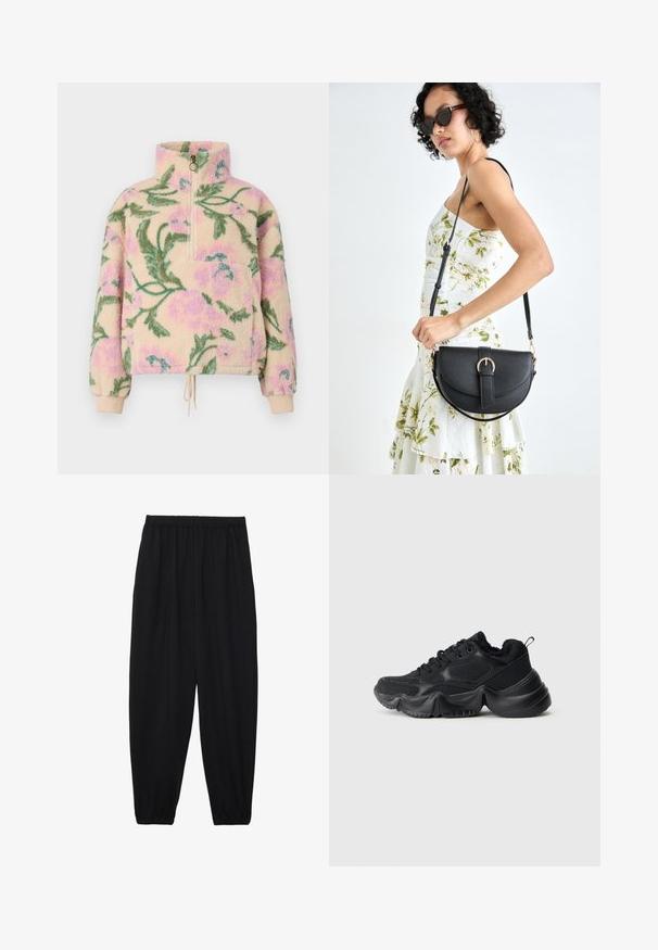 Billabong TIME OFF - Flisinis džemperis - multi coloured; Juodi, lengvi kelnių su elastinga juosmens juosta ir surinktais kulkšniais. Audinys yra lygus ir turi atsipalaidavusį, siaurėjantį dizainą.; Juodi sportbačiai, pagaminti iš lygios ir tekstūruotos medžiagos, su storomis padangomis, apvalia forma ir dekoratyvine siūle. Yra minkštas, pūkuotas kraštas.; Juodas odinis krepšys su išlenkta forma, nuimamu dirželiu ir auksiniais detalėmis. Krepšys turi kilpą su sagtimi.