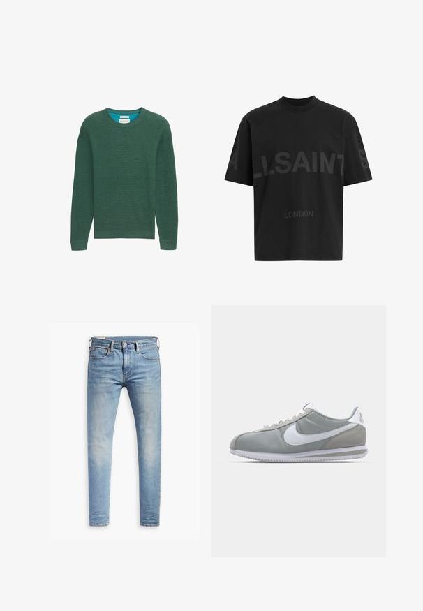 Zeleni pleteni pulover s okroglim izrezom, dolgimi rokavi, rebrasto teksturo in kontrastnim modrim notranjim izrezom. Preprost dizajn, brez vidnih vzorcev.; Črna oversize majica s短kimi rokavi z temno sivo napisano besedo "ALLSAINTS" čez prsi in "LONDON" v manjših črkah spodaj.; Svetlo modri oprijeti džins s blagim bledenjem na stegnenicah, sprednji gumbasti zapenjač, zanke za pas in pet žepov na belem ozadju.; Sive tenisice za šport z zgornjim delom iz semiša in tekstila, belim Nike swooshom in belimi vezalkami. Imajo strukturirano gumijasto podplat in oblazinjen ovratnik.