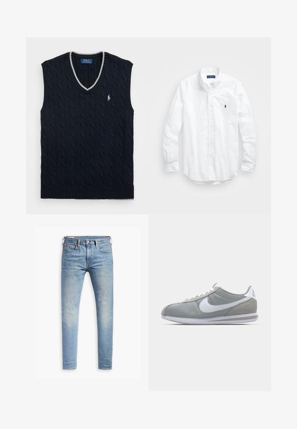 Jūras zila adīta bez piedurknēm džemperis ar kabeli rakstu, V veida kakla izgriezumu un sudraba apdari. Ar mazu baltu polo logotipu uz krūšu daļas.; Balta garām piedurknēm pogājamā krekla izgatavots no kokvilnas. Iezīmē klasisku apkakli, poga aproces un mazu tumši zilu izšūtu logo uz krūšu.; Gaiši zili pieguļoši džinsi ar nelielu izbalēšanu uz gurniem, ar pogu aizdari priekšā, jostas cilpām un piecu kabatu stilu uz baltā fona.; Pelēkie sporta apavi ar zamša un tekstila augšu, balto Nike logotipu un baltiem šņorēm. Iezīmējas ar strukturētu gumijas zoli un mīkstu apkaklīti.