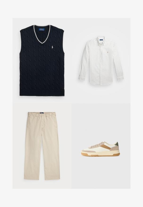 Sweater sem mangas de malha azul-marinho com padrão de tranças, decote em V, e gola com acabamento prateado. Apresenta um pequeno logo branco de polo no peito.; Camisa branca de botões com riscas verticais em azul claro, mangas compridas, colarinho abotoado e pequeno logotipo bordado no lado esquerdo do peito.; Chinos de algodão bege com um design de perna reta, apresentando um fecho de botão e dois bolsos frontais. Textura suave e cor uniforme.; Ténis em bege, creme e verde oliva, com materiais em camurça e couro, bico redondo, design minimalista e sola em borracha.