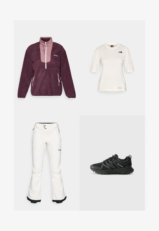 Columbia SEQUOIA GROVE™ 1/2 ZIP - Fleecepullover - moonvista/fig/pink dawn; The North Face SHADOW SHORT SLEEVE - Sport T-Shirt - white dune; Weiße Skihosen aus weichem, flexiblem Material. Mit einer taillierten Taille, weiten, ausgestellten Beinen und schwarzem Abschluss an den Säumen. Markenlogo sichtbar.; Columbia PEAKFREAK - Hikingschuh - black