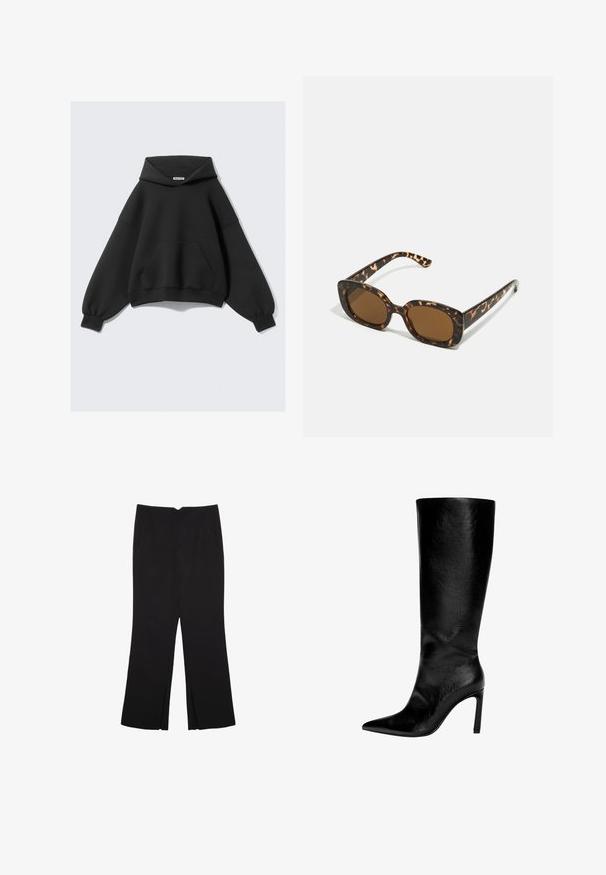 Czarna, oversize bluza z kapturem wykonana z miękkiego materiału, z dużą przednią kieszenią, długimi rękawami w kształcie balonów oraz regulowanym kapturem.; Czarne spodnie o prostym kroju, z przednimi kieszeniami i bocznymi rozcięciami na dole. Wykonane z miękkiego, gładkiego materiału. Odpowiednie na różne okazje.; Czarna skórzana kozaczka za kolano z ostrym noskiem, wysokim obcasem typu stiletto, gładkim wykończeniem i prostym, eleganckim designem bez ozdób.; Okulary przeciwsłoneczne w kratkę z zaokrągloną, grubą oprawą i brązowymi soczewkami. Posiadają subtelne wzory oraz proste, zwężane zauszniki.; Brązowa skórzana torba z marszczonym szczytem i łańcuszkowym paskiem. Gładka tekstura z błyszczącym wykończeniem i subtelnymi detalami szwów po bokach.