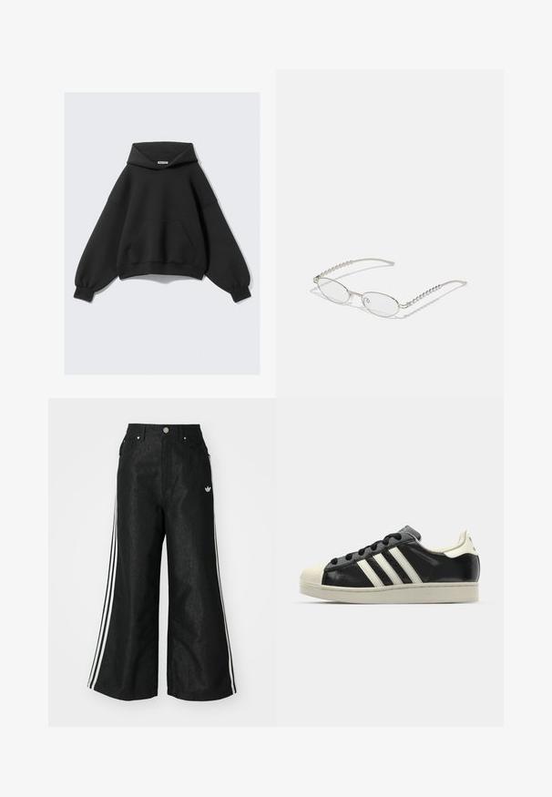 Liela melna kapuce, kas izgatavota no mīkstas auduma, ar lielu priekšējo kabatu, garām balonu piedurknēm un aukliņu kapuci.; Melni platās kājas džinsi ar trim baltām svītrām katrā pusē un mazu baltu logotipu. Iezīmē priekšējos kabatas un pogu aizdari.; Melna ādas sporta apava ar baltām svītrām, gumijas purngala aizsardzību, melnām auklām un krēma krāsas zoli. Gluda tekstūra ar spīdīgu apdari.; Ovālas brilles ar metāliski sudraba rāmi, caurspīdīgām lēcām un teksturētām pērlīšu akcentiem uz tempļiem. Viegls dizains ar izliektiem kājiņām.