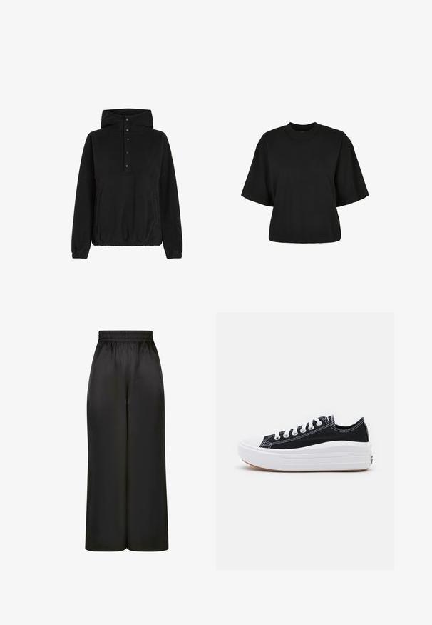 Black fleece pullover with a high collar, featuring buttoned front closure, side pockets, and elastic cuffs. Smooth texture and relaxed fit.; Black cropped t-shirt made of cotton. Features short sleeves and a round neckline. Smooth texture with a simple design, no additional patterns.; Black wide-leg pants made of smooth, shiny fabric with an elastic waistband and no visible pockets or hardware details.; Black canvas sneakers with white laces, white rubber toe cap, and a chunky white midsole. Features subtle white stitching and a gum sole.