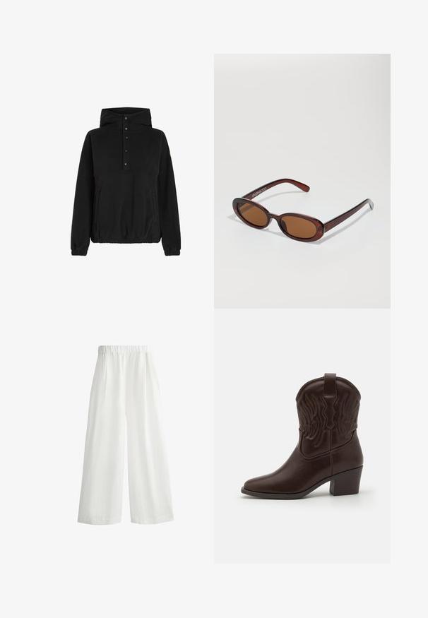 Black fleece pullover with a high collar, featuring buttoned front closure, side pockets, and elastic cuffs. Smooth texture and relaxed fit.; White, wide-leg pants with an elastic waistband, featuring front pleats and a lightweight, textured fabric.; Brown leather cowboy boots featuring pointed toes, embossed wing patterns, a mid-height block heel, and a pull tab at the back.; Round, brown-tinted sunglasses with a glossy burgundy frame. Slim arms with subtle branding detail. Flat lens design.