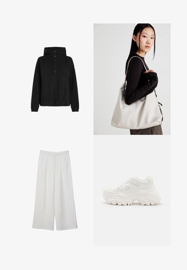 Črn flis pulover z visokim ovratnikom, z gumbasto sprednjo zaprtje, stranskimi žepi in elastičnimi manšetami. Gladka tekstura in sproščen kroj.; Bele široke hlače iz lahkega materiala, ki imajo elastičen pas in vrvico za prilagajanje. Gladka tekstura.; Beli masivni športni čevlji z teksturirano površino, mrežnimi paneli in debelimi gumijastimi podplati s izrazitim profilom. Vključene so vezalke in zanka za poteg.; Bežna torbica iz mehkega materiala, z ohlapno zasnovo, šivi in dvema naramnicama. Primerna za vsakodnevno uporabo.