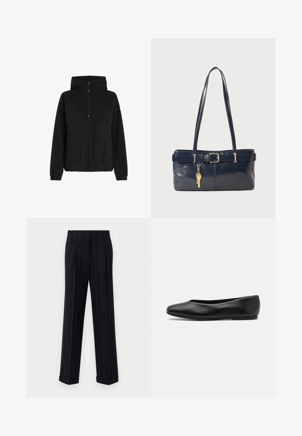 Pullover in pile nero con colletto alto, dotato di chiusura frontale con bottoni, tasche laterali e polsini elasticizzati. Texture liscia e vestibilità comoda.; Pantaloni neri a righe sottili con una vestibilità su misura, dotati di orlo con risvolto e pieghe frontali. Realizzati in un tessuto liscio con un design strutturato.; Paul Smith TOPANGA - Ballerine - black; Borsa a mano in pelle blu con due manici lunghi, un dettaglio con fibbia e un portachiavi attaccato. Presenta una texture liscia e una forma rettangolare.