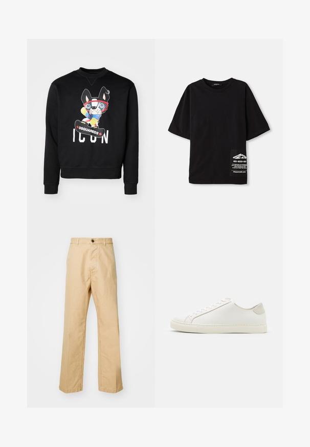 Černá mikina s barevným kresleným designem psa na snowboardu a nápisy "ICON" a "DSQUARED2". Měkká tkanina, žebrované manžety.; Černé nadměrné tričko vyrobené z bavlny, s krátkými rukávy, kulatým výstřihem a etiketou s bílým textem na postranní náprsní kapse.; Khaki chinos se rovnými nohavicemi, vyrobené z bavlněné tkaniny, s předním zapínáním na knoflík a poutky na opasek. Hladká textura, bez vzoru.; Bílé kožené tenisky s hladkým povrchem, kulatou špičkou a minimalistickým designem. Disponují béžovými akcenty na patě a gumovou podešví.