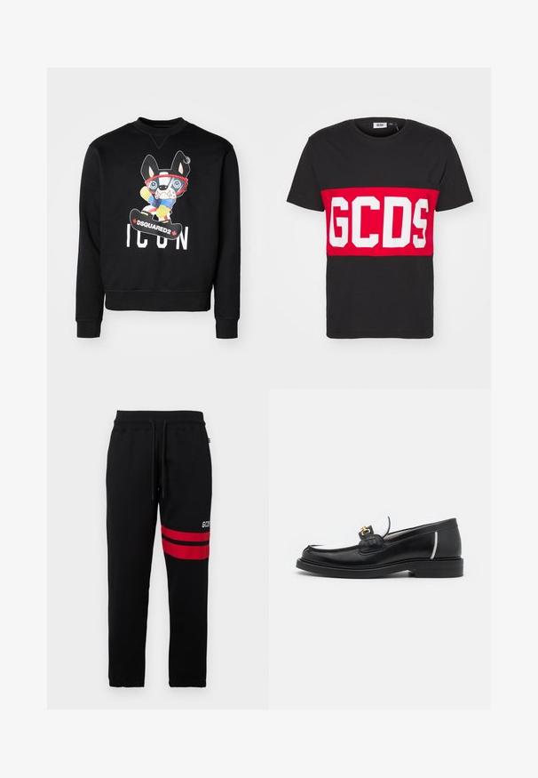 Sweat-shirt noir avec un dessin de chien cartoon aux yeux bleus, portant des lunettes de protection et une tenue multicolore. Texte "ICON" en blanc en dessous.; GCDS BAND LOGO REGULAR - T-shirt imprimé - black; Pantalons de survêtement noirs avec des rayures rouges contrastantes et un logo sur le côté. Comprend une taille élastique avec cordon de serrage et des poignets ajustés.; Mocassin en cuir noir avec un bout arrondi, des accents blancs et des détails en or sur le dessus. Présente un empiècement texturé et un talon empilé.