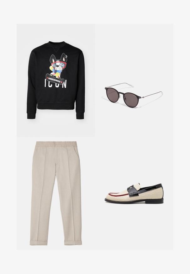 Sweatshirt noir avec un design coloré de dessin animé d'un chien sur un snowboard, comportant les textes "ICON" et "DSQUARED2". Tissu doux, poignets côtelés.; Filippa K TERRY CROPPED TROUSERS - Pantalon classique - sage melange; Mocassins beige avec un motif en relief, une bande accentuée rouge et un talon noir brillant. Ils disposent d'une lanière avec une boucle décorative. Semelle noire plate.; Lunettes de soleil noires rondes avec verres sombres et branches en métal fines. Comprend des embouts transparents et des accents argentés au niveau de la charnière. Design minimaliste.