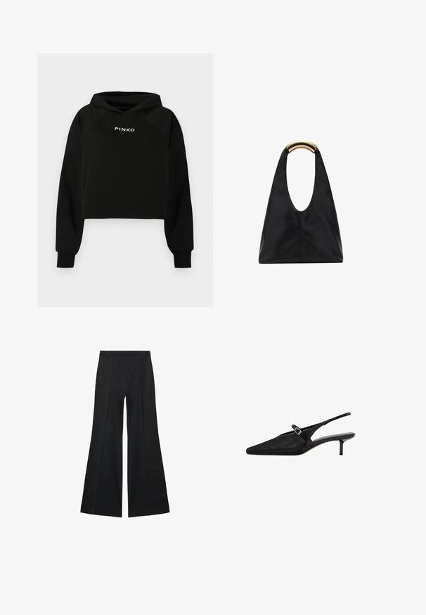Hanorac negru crop cu glugă ajustabilă, având un logo alb "PINKO" pe piept. Confecționat din material moale, cu manșete ribate.; Pantaloni negri cu croială largă, având o textură netedă, cu pliseuri frontale și un design croit. Materialul este ușor și fluid.; Cumpăna negre cu vârf ascuțit, superior din plasă texturată, curea subțire ajustabilă cu cataramă argintie și toc stiletto de 5 cm.; Geantă de piele neagră cu o formă distinctivă în semicerc și un mâner semicircular de culoare aurie. Textură netedă și design minimalist.