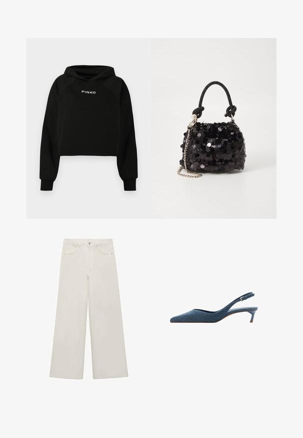 Hanorac negru crop cu glugă ajustabilă, având un logo alb "PINKO" pe piept. Confecționat din material moale, cu manșete ribate.; Pantaloni din denim alb cu picioare largi, cu un design clasic cu cinci buzunare, cusături vizibile și închidere cu nasture. Textură netedă și detalii minime.; Sandale cu toc mic din denim, cu vârf ascuțit și tocuri subțiri. Prezintă o țesătură texturată de un albastru închis și un design elegant, aerodinamic.; Geantă mini neagră cu paiete, cu un umar texturat înnodat și un lanț argintiu. Formă rotundă cu partea de sus adunată și detalii reflectorizante.