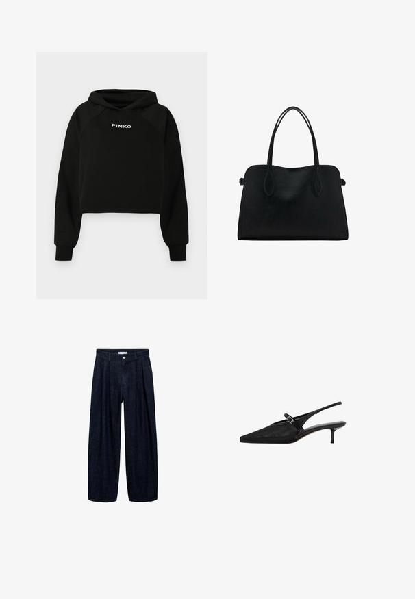 Hanorac negru crop cu glugă ajustabilă, având un logo alb "PINKO" pe piept. Confecționat din material moale, cu manșete ribate.; Pantaloni largi din denim închis, cu pliseuri la talie, având un button frontal și pasaje pentru curea. Textură netedă și design pe întreaga lungime.; Cumpăna negre cu vârf ascuțit, superior din plasă texturată, curea subțire ajustabilă cu cataramă argintie și toc stiletto de 5 cm.; Geantă din piele neagră cu două mânere pentru umăr, formă rectangulară și design minimalistic pe un fundal alb.