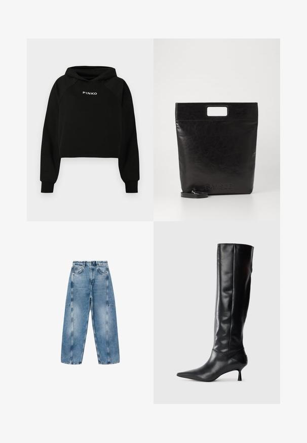Felpa cropped nera con cappuccio a coulisse, con logo "PINKO" bianco sul petto. Realizzata in tessuto morbido con polsini a costine.; I jeans in denim azzurro chiaro presentano una vestibilità rilassata, ampie tasche e cuciture a contrasto. Il tessuto ha una finitura scolorita con una texture liscia.; Stivale in pelle nera alto fino al ginocchio con punta affusolata e tacco sottile e curvato. Texture liscia, design aderente e senza hardware o motivi visibili.; Borsa tote in pelle nera con manico quadrato, caratterizzata da una finitura testurizzata e logo impresso. Include una tracolla rimovibile.