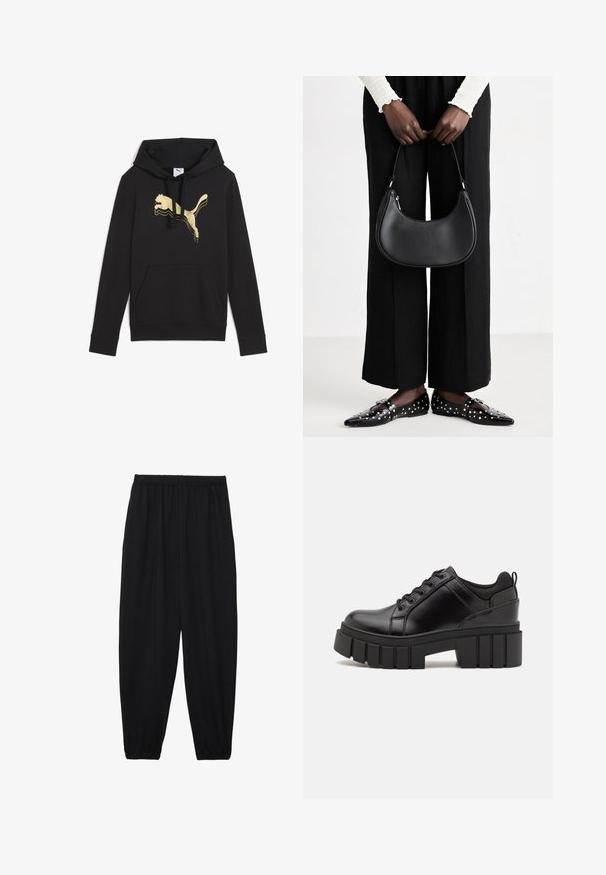 Felpa nera con cappuccio in cotone, caratterizzata da un grande logo Puma dorato sul davanti, una tasca frontale e un cappuccio regolabile con cordino.; Pantaloni neri leggeri con vita elastica e caviglie arricciate. Il tessuto è liscio e presenta un design rilassato e affusolato.; Scarpe platform in pelle nera con tacco a blocco robusto, punta rotonda e design tradizionale con lacci. Presentano una superficie liscia e dettagli minimi.; Borsa a spalla in pelle nera con forma arrotondata, finitura lucida e accessori in argento. Persona che indossa pantaloni ampi neri e mocassini con borchie.